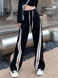 Women's Pants Zoki Streetwear Fashion High Waist Black Sweatpants Women Korean Lace Up Striped Casual Trousers Vintage Female Wide Leg