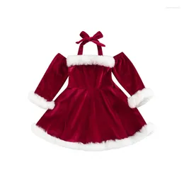 Girl Dresses FOCUSNORM 1-5Y Kids Girls Christmas Velvet Dress Long Sleeve Off Shoulder Lacing Halterneck Backless Holiday