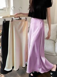 Skirts Elegant Womens High Waist Silk Satin Aline Skirt Lady Fashion Solid Colour Purple Long for Women 231123