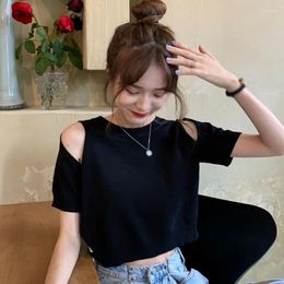 Women's T Shirts Off-the-shoulder Careful Machine Top Short Loose Knit Ladies Solid Colour Simple Short-sleeved T-shirt