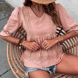 Women's Blouses Vintage Lace Chic Blouse Shirt Beige Patchwork Hollow Out Sheer Summer Women Sexy Boho Ladies Casual Top Shirts