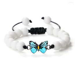 Strand Fashion Blue Butterfly Pendant Charm Bracelets Bangles For Women Men Natural Stone Energy Beads Bracelet Couple Hnadmade Jewellery