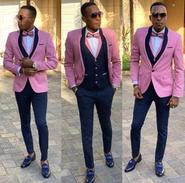 Brand New Pink Men Wedding Dress Black Shawl Lapel Groom Tuxedos Popular Dinner/Darty Dress 3 Piece Suit Jacket Pants Tie Vest 0632