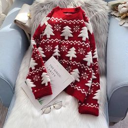 Women's Sweaters Christmas Tree O Neck Woman Knitted Pullover Vintage Loose Jumper Festival Long Sleeve Top Female Sweater A0025