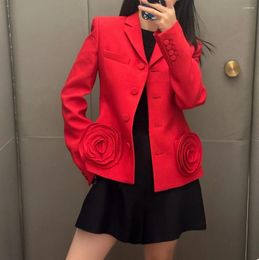 Women's Suits Luxury Silk Wool Blazer Woman Clothing Handmade Rose Flowers Vintage Red Jackets