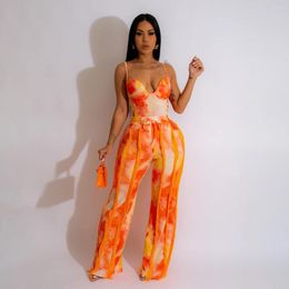 Women's Two Piece Pants Women Tie Dye Printed Tassel Sets Sling Tops And Micro Flared Trousers Suit Summer Casual Beach Tracksuit Outfit