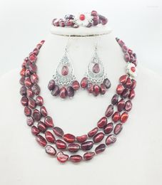Necklace Earrings Set Bridesmaid Pearl Red Wine Baroque Multi Strand