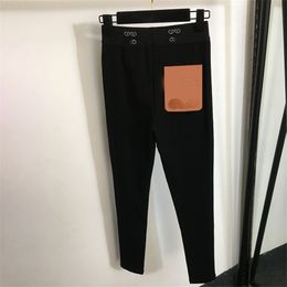 Letter Webbing Women Pants Black High Waist Tight Trousers Yoga Leggings Back Pocket Leather Patch Work Pants