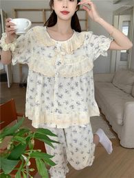 Women's Sleepwear Soft Print Short Sleeve Korean Sweet Home Casual Elegant Pajamas Set Women Ins Cropped Trousers Fashionable O-Neck