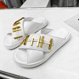 Designer Slipper Slides Women Men Sandals Summer Beach Lady Crossover Band Golden Metal Slippers Classic Colourful Canvas F Letter Anatomic Leather Slide Shoes 35-45