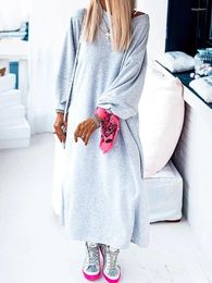 Casual Dresses O-Neck Loose Loungewear Maxi Dress Autumn Winter Women Patchwork Solid Party Holiday Long Sleeve Ladies Streetwear