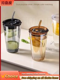 Tumblers KAWASIMAYA Glass Cup with Lid Straw Summer Home Drinking Women s 2024 Fruit Juice Milk Tea Coffee 231122