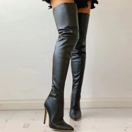 Boots Plus Size 34-46 Women Boots Sexy Thigh High Boots Stretch PU Leather Over-the-knee Heeled Boots Black Red Autumn Winter Shoes 231122