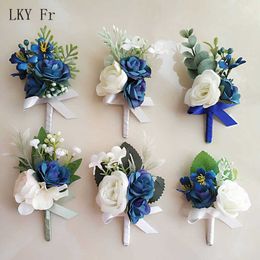 Other Fashion Accessories LKY Fr Corsage Wedding Boutonnieres Blue Roses Silk Bracelet Flowers Groom Man Suit Buttonhole Brooch Pins Marriage Accessor J230422