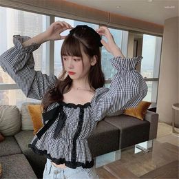 Women's Blouses Women Blouse Trendy Patchwork Sweet Bow Square Collar Short Plaid Tops Girls Puff Sleeve Ulzzang Casual Chic Ins Fashion