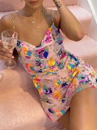 Basic Casual Dresses Sequin Sexy Elegant Dress Women Chain Spaghetti Strap Low Cut Backless Short Summer Bohemian Party Female 231123