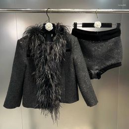 Women's Tracksuits 2023 Winter Real Fur Collar Shiny Sequins Black Woollen Coat High Waist Shorts Two Piece Set Women Outfits GH181