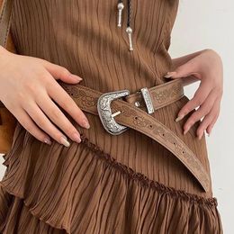 Belts Women Vintage Belt Y2K Printed Versatile PU Brown Metal Buckle Wide Waistband Ladies Dresses Jeans Pants Decorative