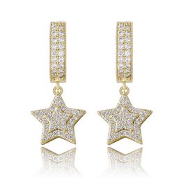 Popular Hip Hop Five Pointed Star Earrings Full of Zircon Pentagram Charms Dangle Fashion Earrings Gold Australia Jewelry Bling Bling Ear Ring for Men Women Gift