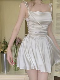 Casual Dresses Deeptown Korean Style One Piece White Satin Dress Women Y2k Fairycore Prom Gown Tunic Pleated Slip Mini Princess Summer