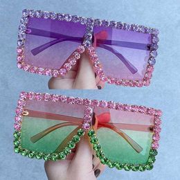 Sunglasses Luxury Brand Big Rectangle Sunglasses Women 2021 Purple Pink Shades For Women 90s Square Rhinestone Sun Glasses Gradient Frame J230422