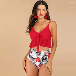 Women's Swimwear Women Briefs Bikini Set Padded Ruffled Hem Bra High Waist Floral Print Swimsuit Bandeau Bathing Suit