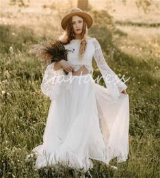 Forset Boho Two Piece Wedding Dress 2024 Long Sleeve Crop Top Lace Beach Bride Dress Farm Civil Bohemian Country Bridal Dress Elegant Vestios Novia Robe Mariage 2024