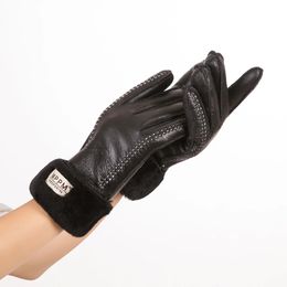 Fingerless Gloves Russian Winter Women's 100 Real Leather Sheepskin Warm Stylish Full Finger Ladies Mittens 231122