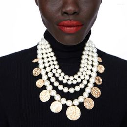 Pendant Necklaces ZAA Vintage Imitation Pearl Multilayer Choker Necklace For Women Retro Human Head Coin Jewellery Collar Gifts