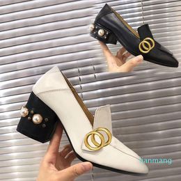 Designer Leather Rivet Thick Heel High Heels Cowhide Metal Button Ladies Pearl Mules Shoes Size 35-40