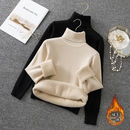 2023 autumn and winter new style with long sleeve knit sweater, base layer, high neck, plush thickened, integrated velvet slim sweater women