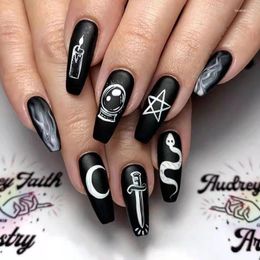 False Nails VITAGWX Black Halloween Designer Press On Nail Tips Coffin Snake Print Art Frosted Acrylic Fake 24 Pcs