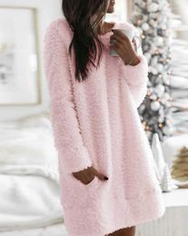 Casual Dresses Pocket Design Fluffy Sweater Dress Long Sleeves O-neck Elegant For Women