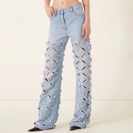 Women's Jean's Jeans 2023 Summer in Vintage Washed Hole Wide Leg Pants Metal Button Decorative Pure Cotton Denim Traf 230422