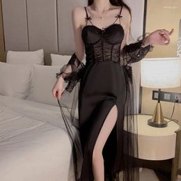 Women's Sleepwear REBEYULI Brand Underwear Women Loungewear Satin Lace Mesh Mid-Calf 2 Piece Set Homewear 2023 Autumn Black Robe Gown Sets