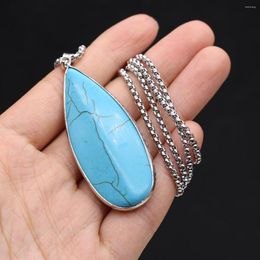 Pendant Necklaces Natural Blue Turquoise Long Water Droplet Shape Silvery Edge Necklace For Women Girl Charm Jewelry Gifts 25X60MM