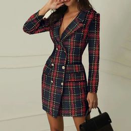 Basic Casual Dresses Vintage Office Womens Jacket AutumnWinter Long Sleeve Plain Plaid Double Breast Button Dress 231122