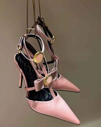 Elegant Women Gianni Ribbon Cage Sandals Shoes Satin Black Pink Yellow Pointed Toe Pumps Party Wedding High Heeled Lady Slingback EU35-43