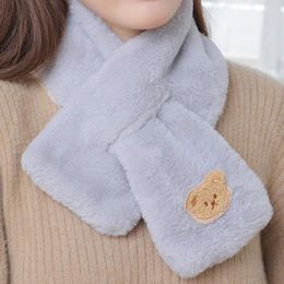 Scarves Lovely Cartoon Bear Cross Collar Bib Faux Fur Plush Scarf Women Winter Outdoor Windproof Neck Protection Thick Warm Shawl