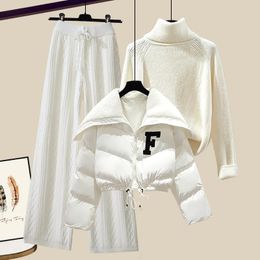 Women's Two Piece Pants Autumn and winter outerwear women's high end cotton jacket paired with a high neck sweater wide leg pants three piece set 231123