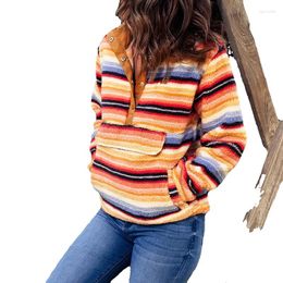 Women's Sweaters Shiying Multicolor Striped Button Lamb Sweatshirt Kangaroo Pocket 25312124