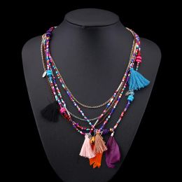 Exaggerated National Wind Colourful Beaded Feather Necklace For Women Beads Tassels Multi Layer Necklace