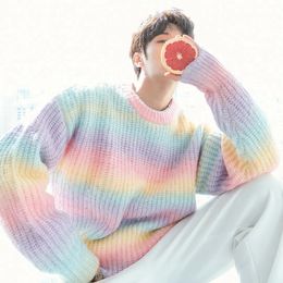 Mens Sweaters Gradient Tie Dye Round Neck Loose Sweater Knit Autumn Rainbow Striped Casual Long Sleeve 231123