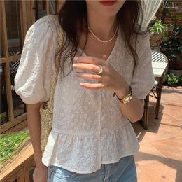 Women's Blouses Summer Lace Hollow Out Women Tops Korean Embroidered V-neck Short Sleeve Shirt Button Up Vintage Puff Blouse 15546