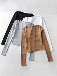 Women's T-Shirt Women Cotton Ribbed Square Neck Crop Top With Long Sleeve 230422
