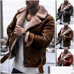 Men'S Jackets Fashion Jacket Men Faux Fur Lapel Collar Long Sleeve Vintage Leather Warm Outwear Motorcycle Coat Drop Delivery Apparel Dhqar