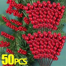 Decorative Flowers 50/5pcs Artificial Berry Branches Christmas Holly Berries Stem Fake Flower DIY Wreath Xmas Tree Ornament Wedding Home