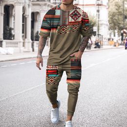 Men's Tracksuits Summer Sport Tshirts Joogers Tracksuit Suit Geometric Shape Pattern ShortSleeved Tshirt Trousers Casual 2 Piece Sets 230422