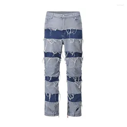 Men's Jeans Street Fashion Hip-hop Patchwork Men Washed-out Color Contrast Straight Pant Couple Harajuku Casual Loose Stretch Trousers