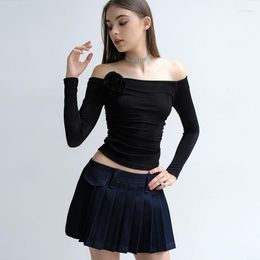 Women's T Shirts Lygens Sexy Strapless Rose Long Sleeve Black Crop Tops Party Casual Streetwear Daily Korean Fashion Shirt Tees For Women